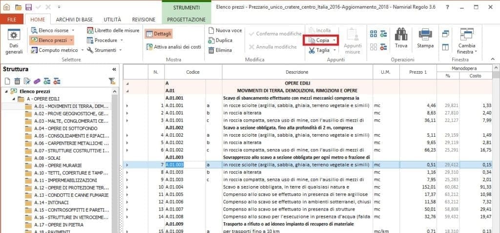 Copia voce elenco prezzi