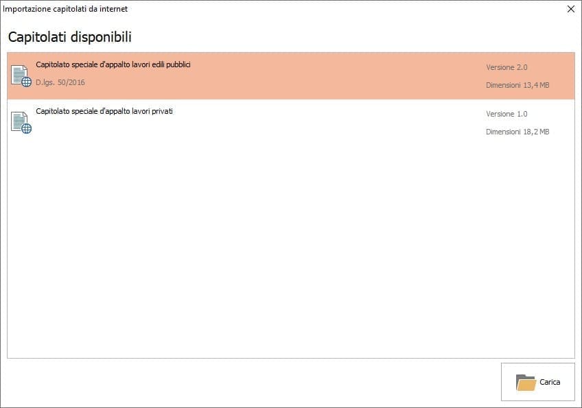 Importazione capitolati da internet