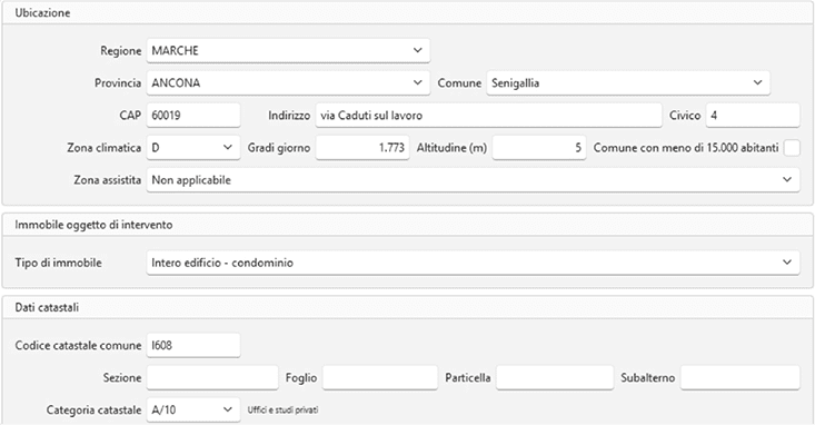 Schermata Namirial Conto Termico - Ubicazione