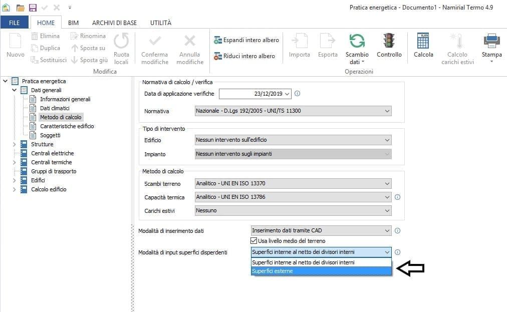 Modalita input superfici disperdenti