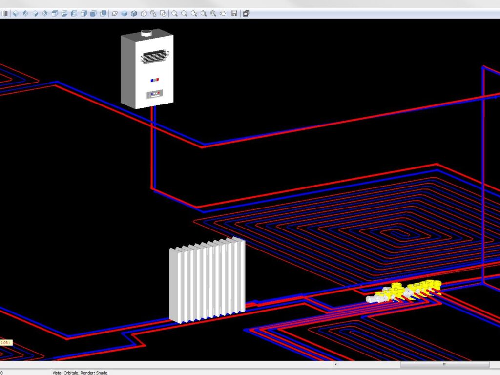 Clima Impianti: particolare 3D della rete di riscaldamento con radiatori e pannelli radianti