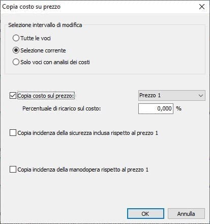 Regolo - Analisi dei costi - Dialog copia costo su prezzo