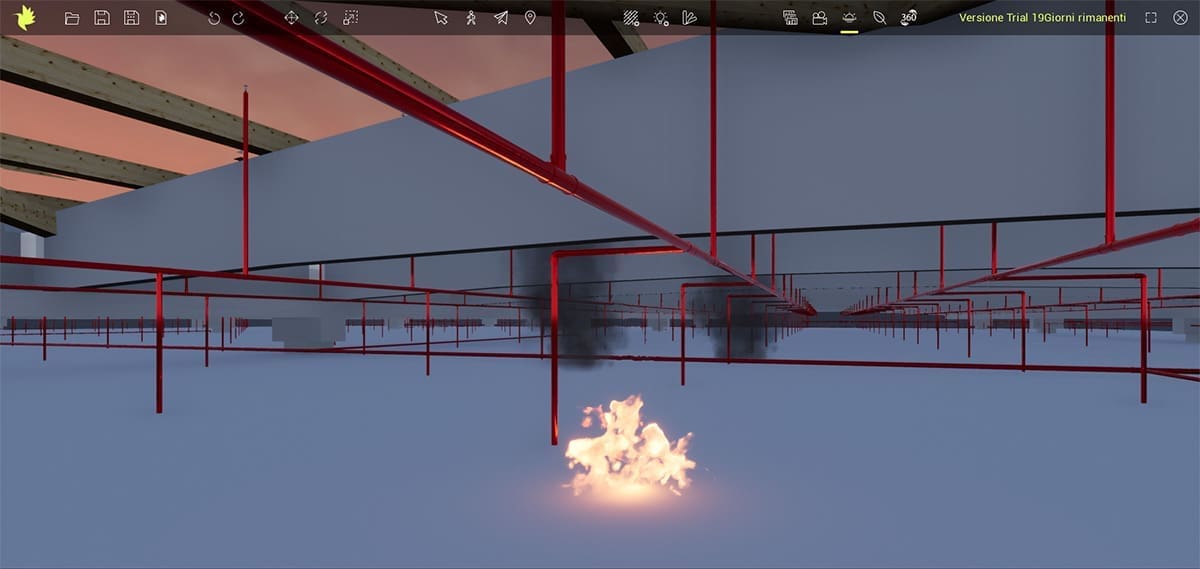 Render impianto con fuoco e fumo