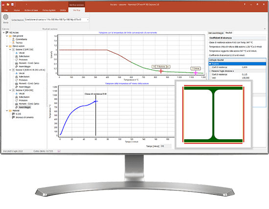 Software Calcolo Resistenza al Fuoco Strutture - Modulo Acciaio EC3 screen dati sezione e riepilogo risultati di calcolo
