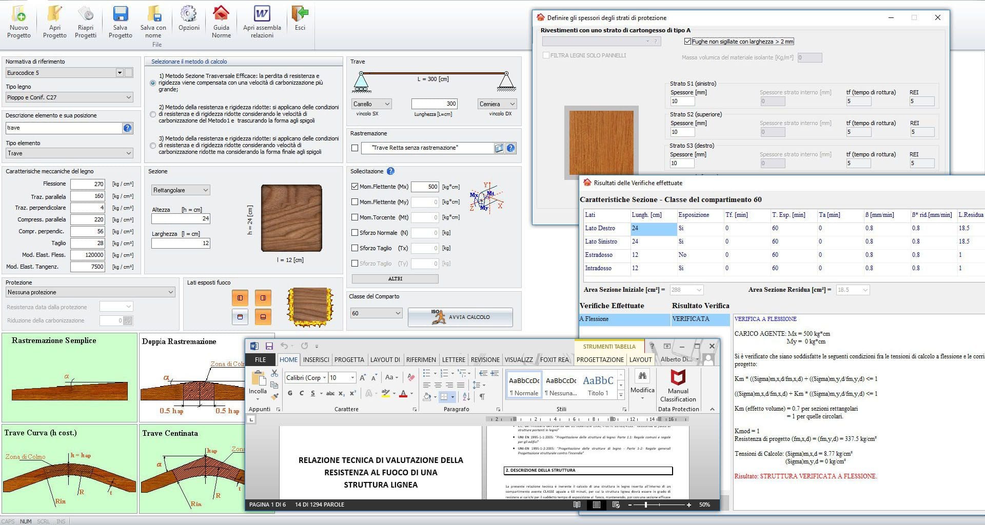 Modulo Legno EC5 screen dati sezione e riepilogo risultati di calcolo